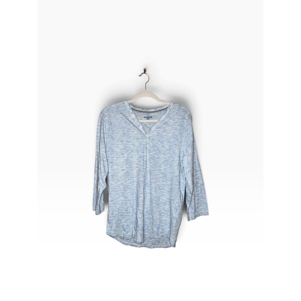 Express Men's M Light Blue Space Dye Henley Shirt 3/4 Sleeve Cotton Blend